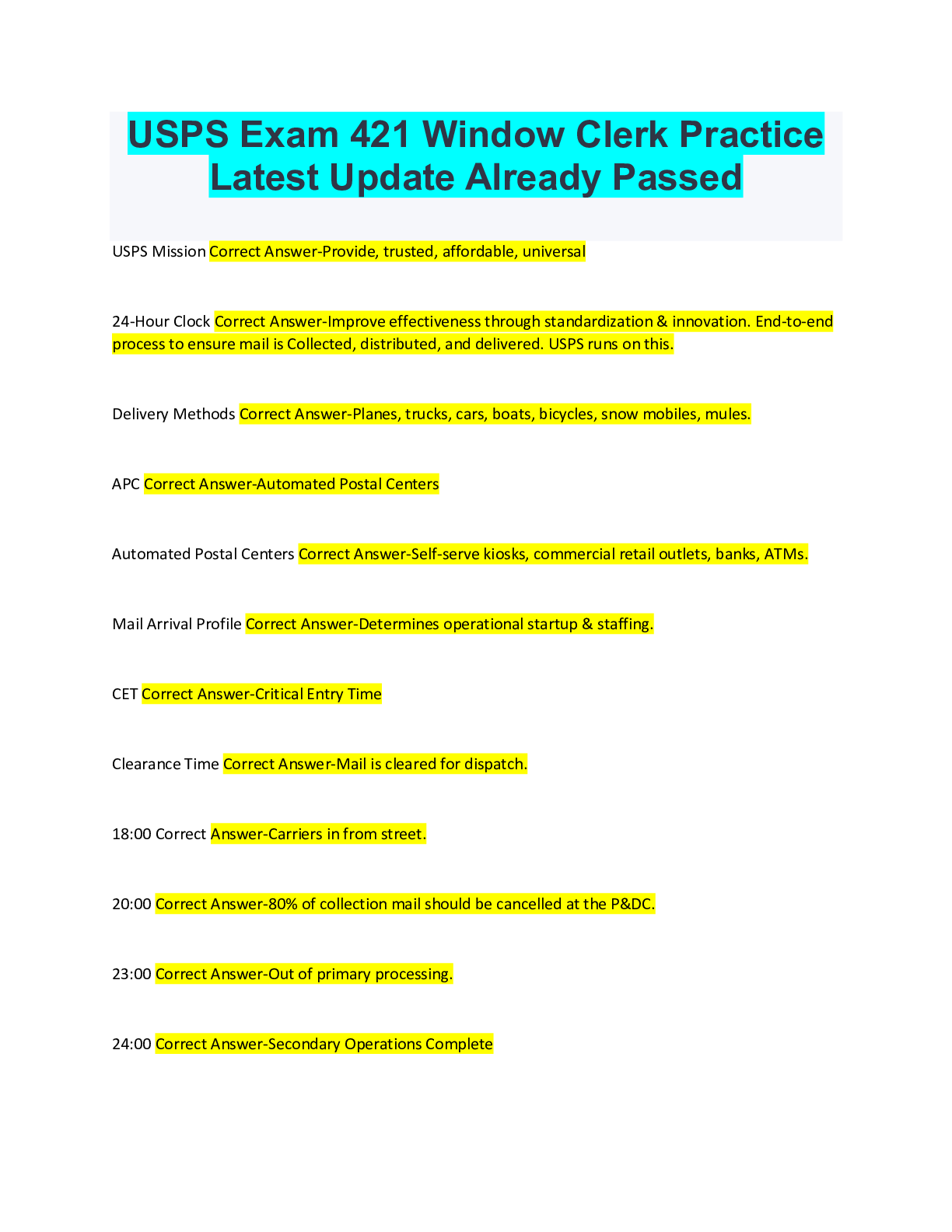 USPS Exam 421 Window Clerk Practice Latest Update Already Passed